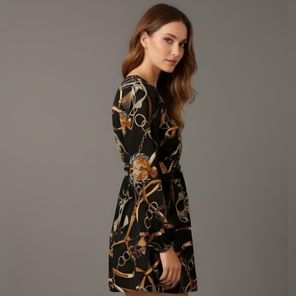 Bishop Sleeve Chain Print Belted Dress - Picture 3 of 9